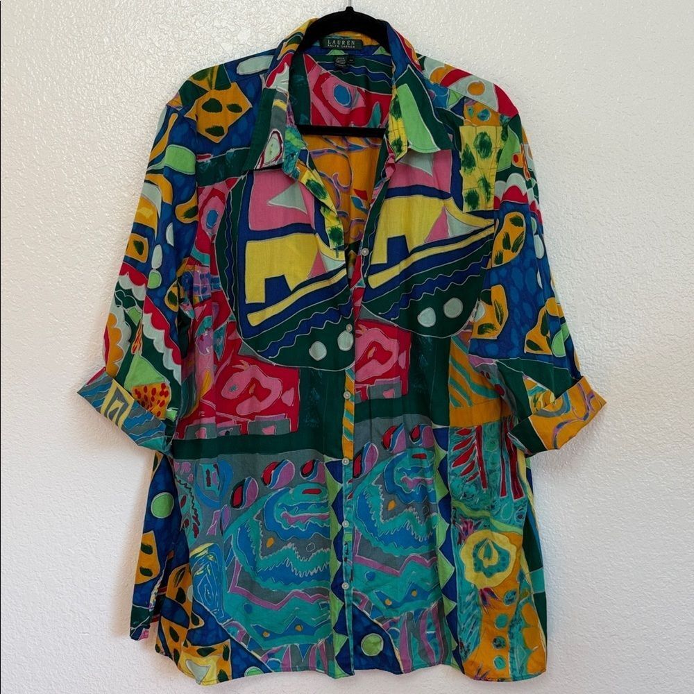 Ralph Lauren Multicolor wearable art boho Button Down plus sign Shirt